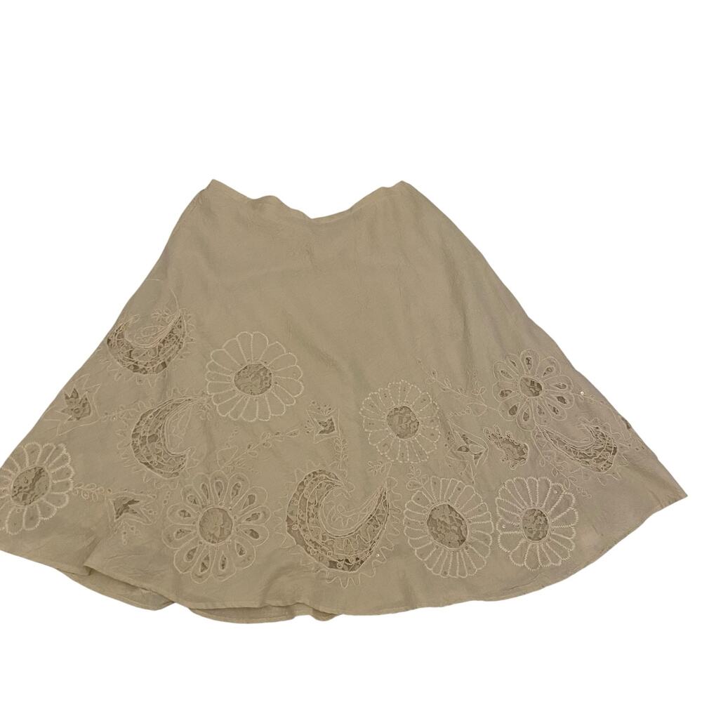Chico's Size 3 (XL/16) Tan A-Line Boho Lined Skirt w/ Floral Embroidered Details